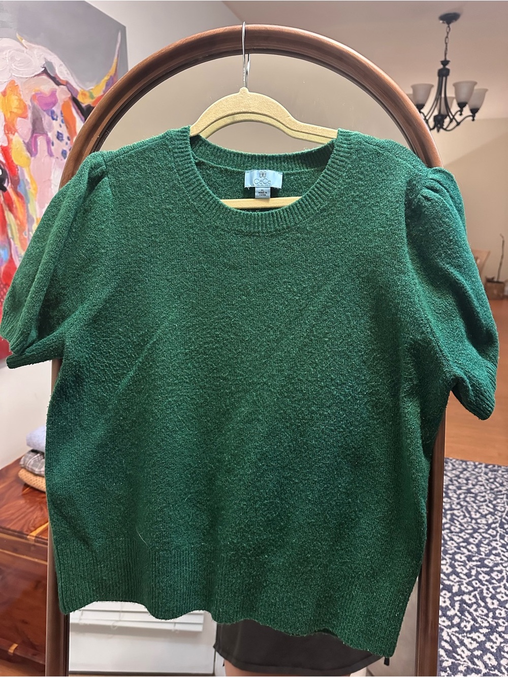 CeCe Forest Green Puff Sleeve Crewneck Sweater